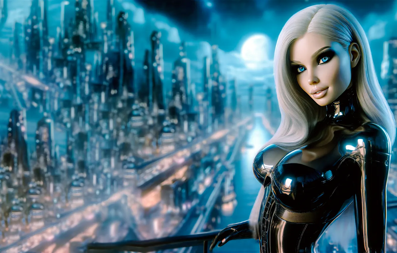 Фото обои cyberpunk, latex, futuristic city, futuristic clothing, Futurism, AI art