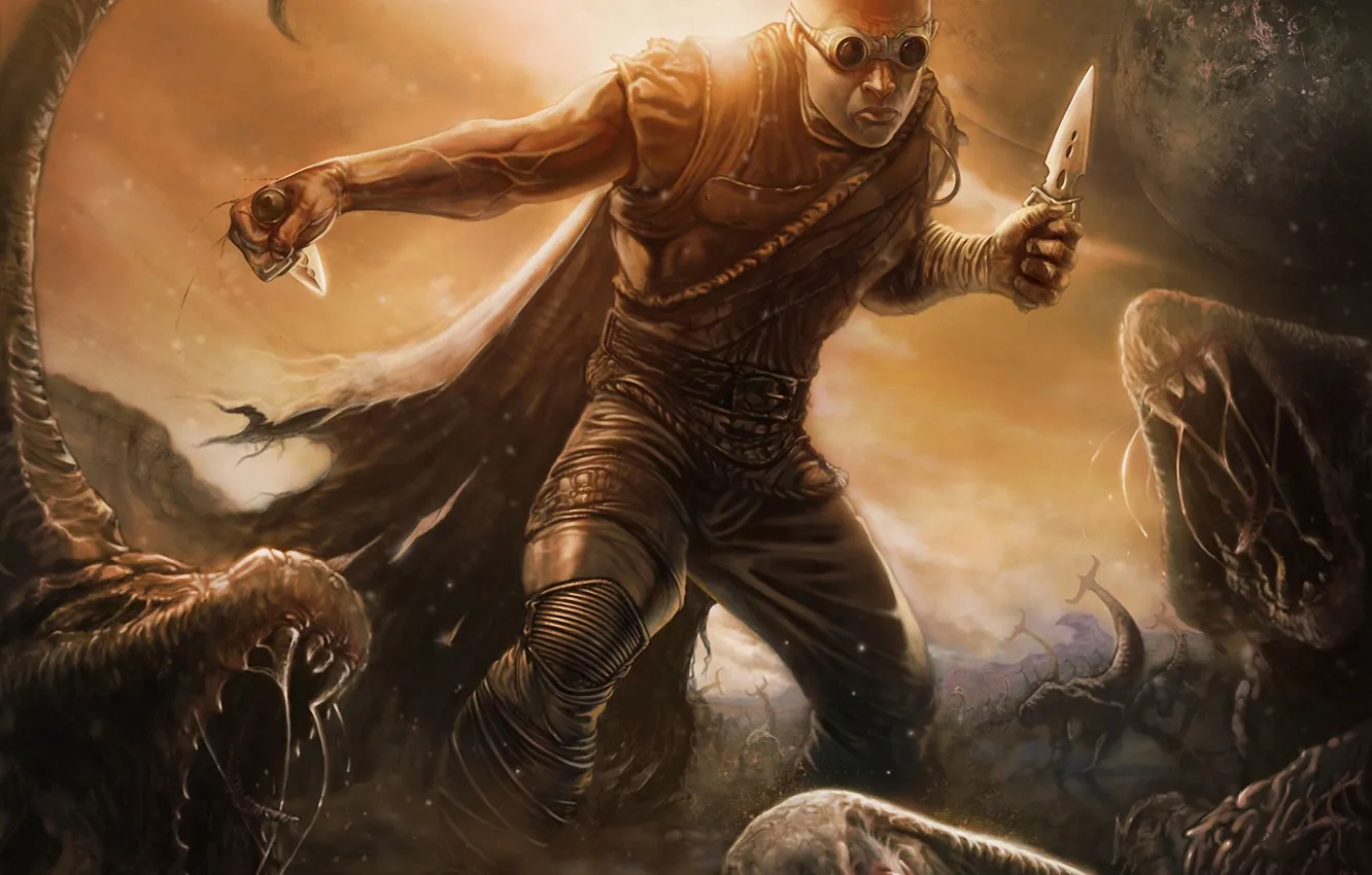 Фото обои планета, арт, очки, монстры, мужчина, ножи, Riddick
