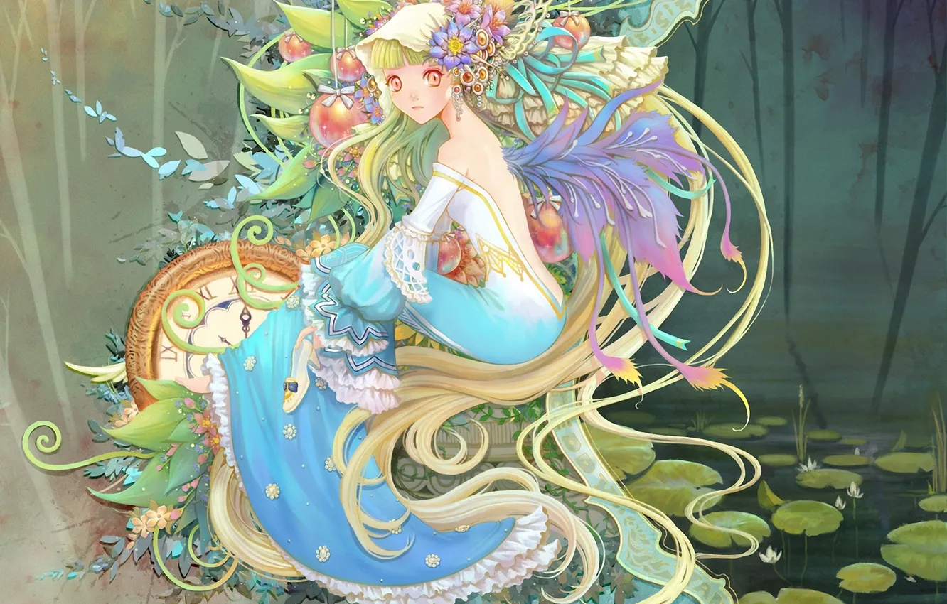 Фото обои девушка, абстракция, пруд, лилии, часы, болото, крылья, платье
