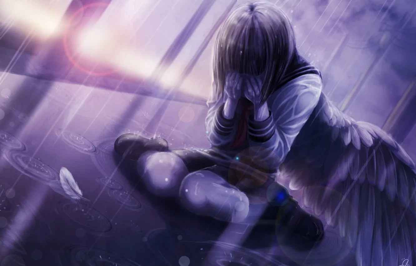Фото обои девушка, дождь, крылья, аниме, перья, арт, форма, школьница
