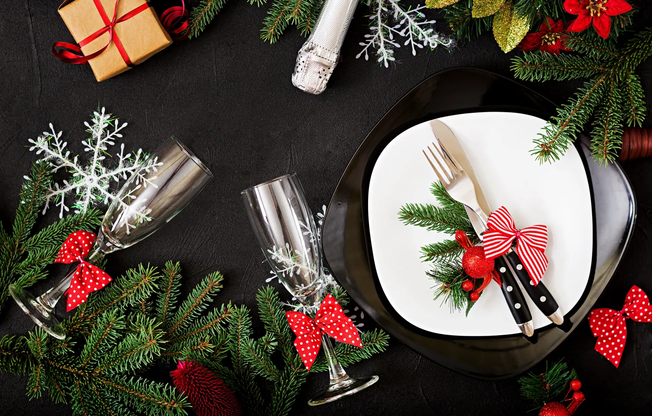 Фото обои украшения, Новый Год, бокалы, Рождество, шампанское, Christmas, wood, New Year