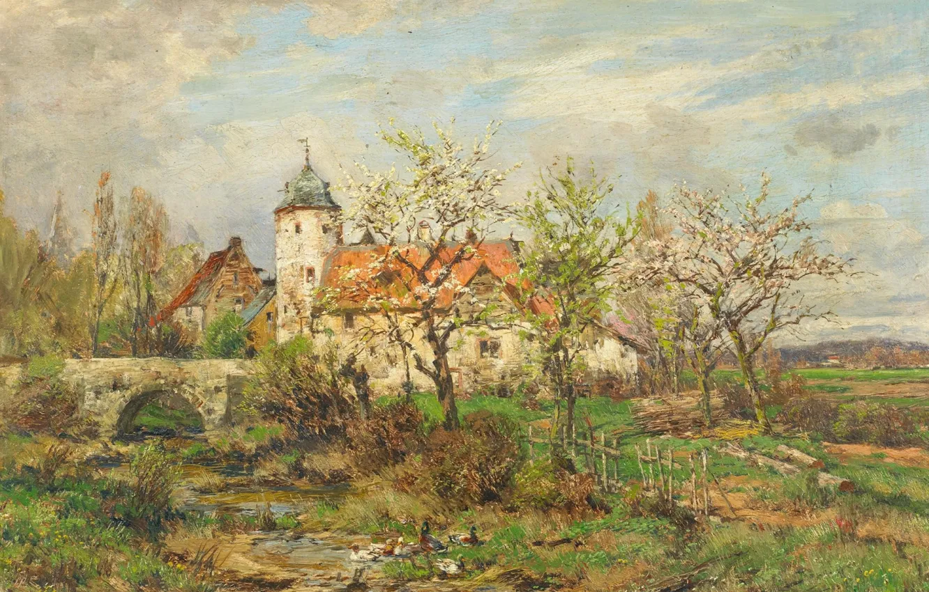 Фото обои German painter, немецкий живописец, Heinrich Hartung III, Landscape with village church in spring, Пейзаж с …