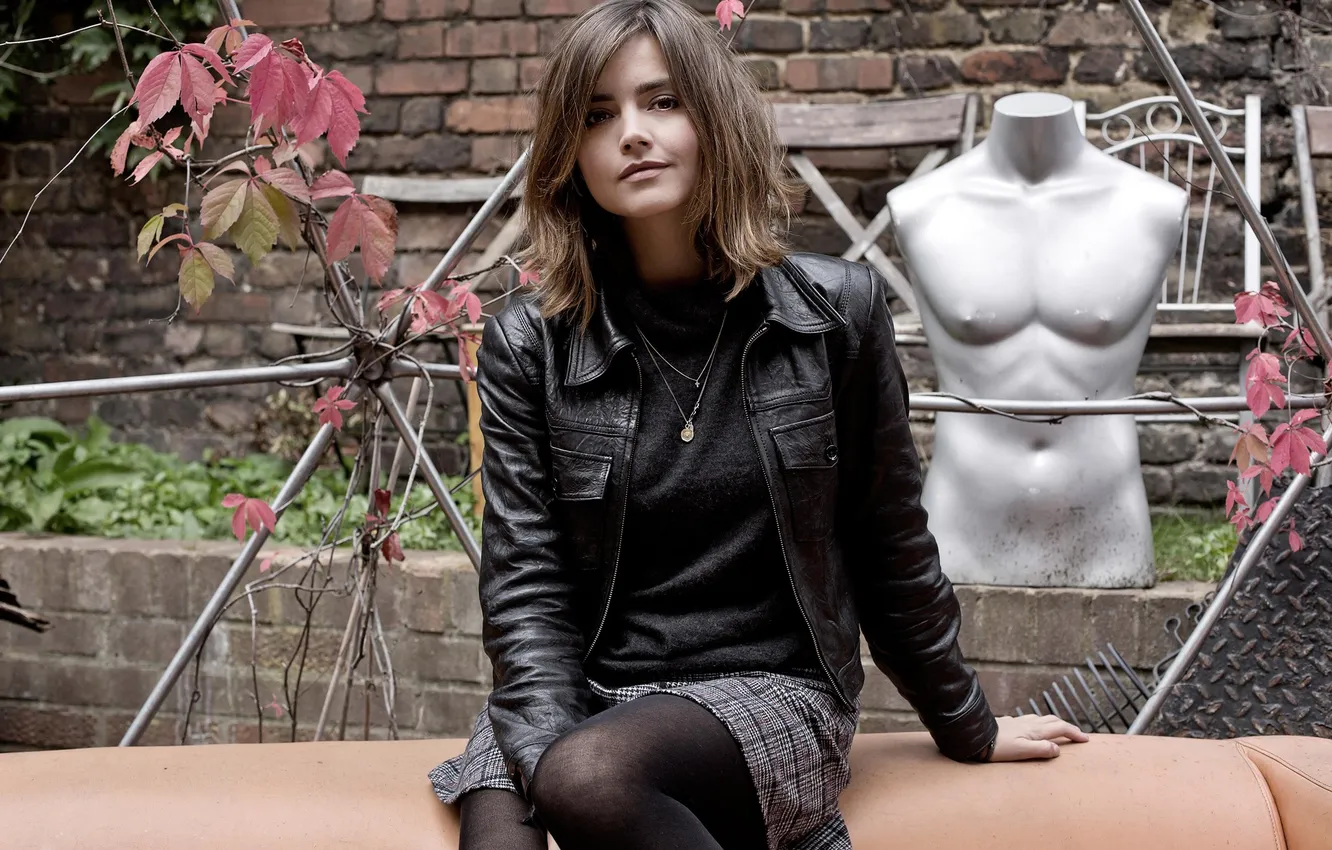 Фото обои girl, beautiful, model, sweet, skirt, long-haired, leather jacket, charming