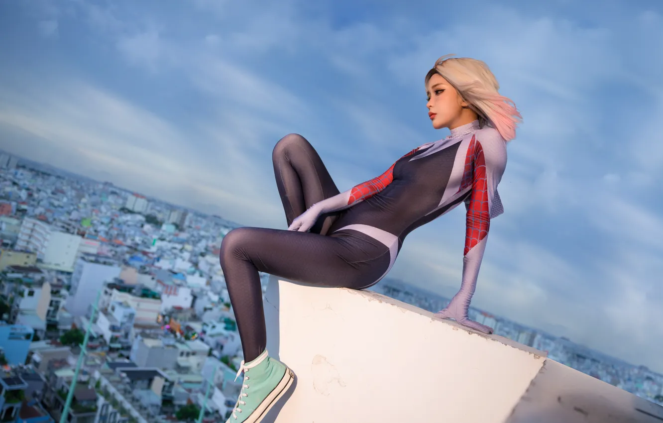 Фото обои Asian, sky, model, women, cosplay, Marvel Comics, Gwen Stacy, women outdoors
