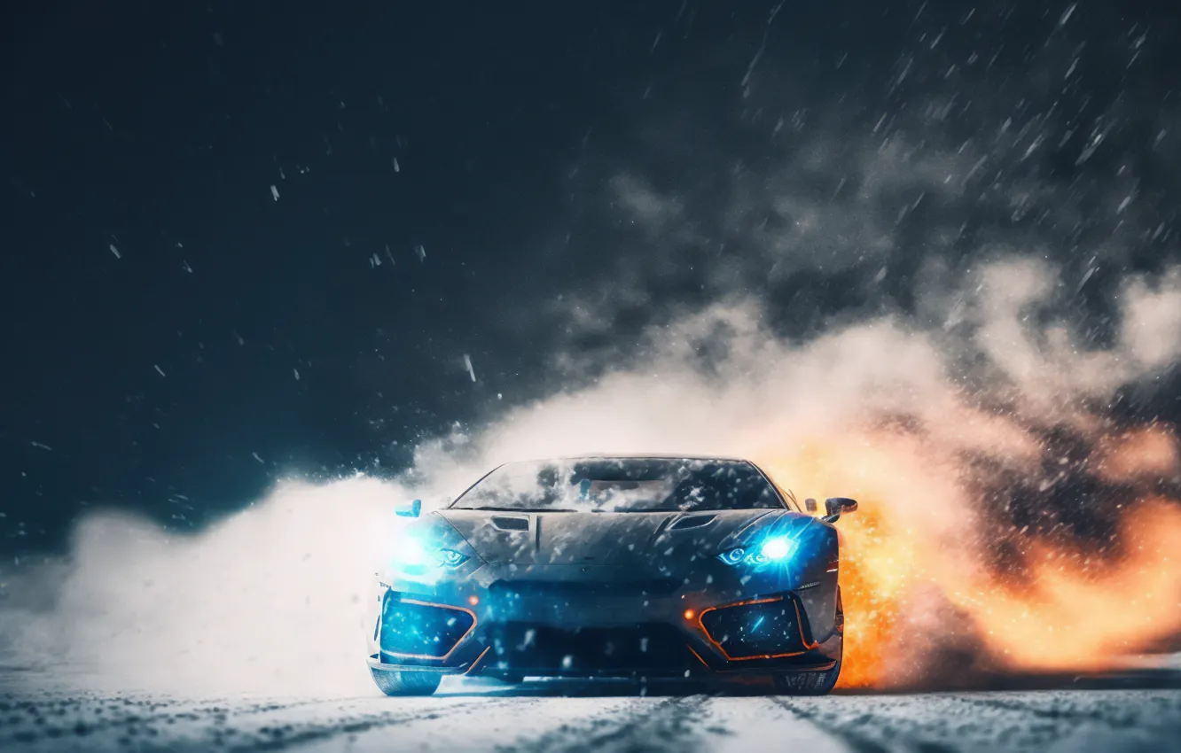 Фото обои car, art, snow, sports car, headlights