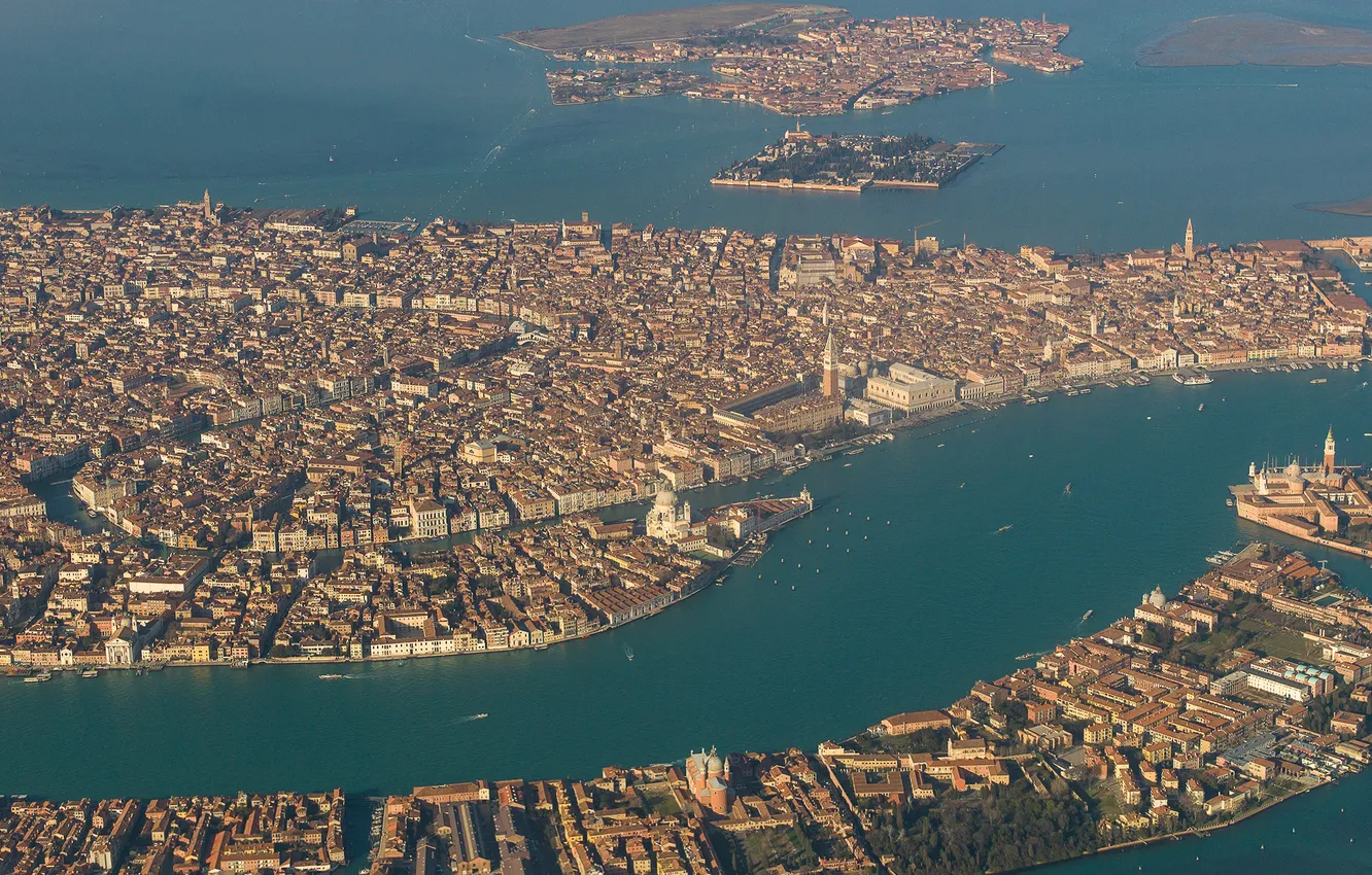 Фото обои море, острова, дома, Италия, панорама, Венеция, лагуна, каналы