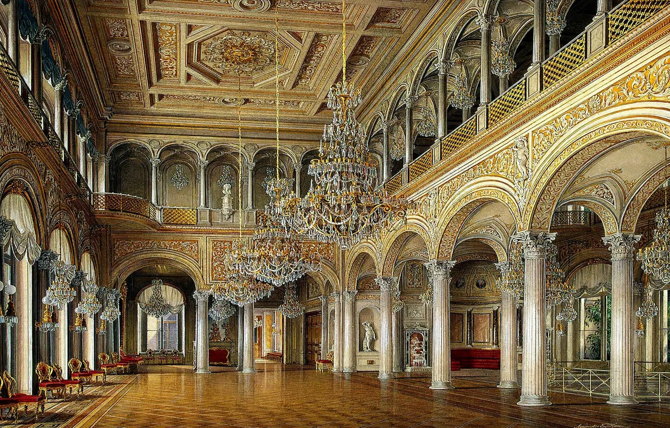 Фото обои интерьер, картина, кресла, колонны, балкон, зал, дворец, люстры
