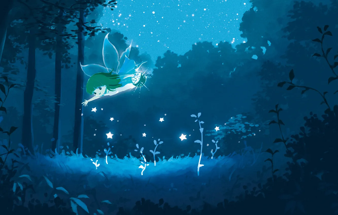 Фото обои лес, звезды, ночь, фея, фэнтези