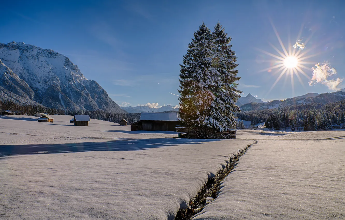 Фото обои зима, снег, деревья, горы, дома, Германия, Бавария