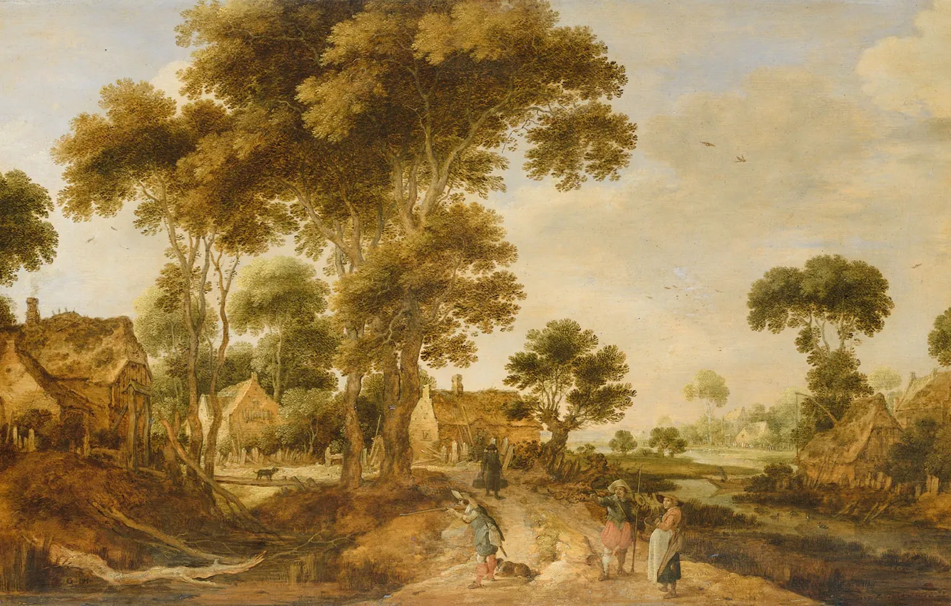 Фото обои пейзаж, масло, картина, 1625, Гиллис де Хондекутер, Gillis de Hondecoeter, Проселочная дорога