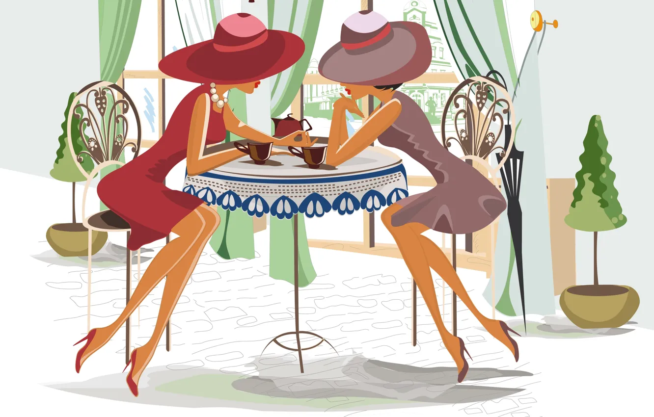Фото обои девушки, Кафе, столик, беседа, общение