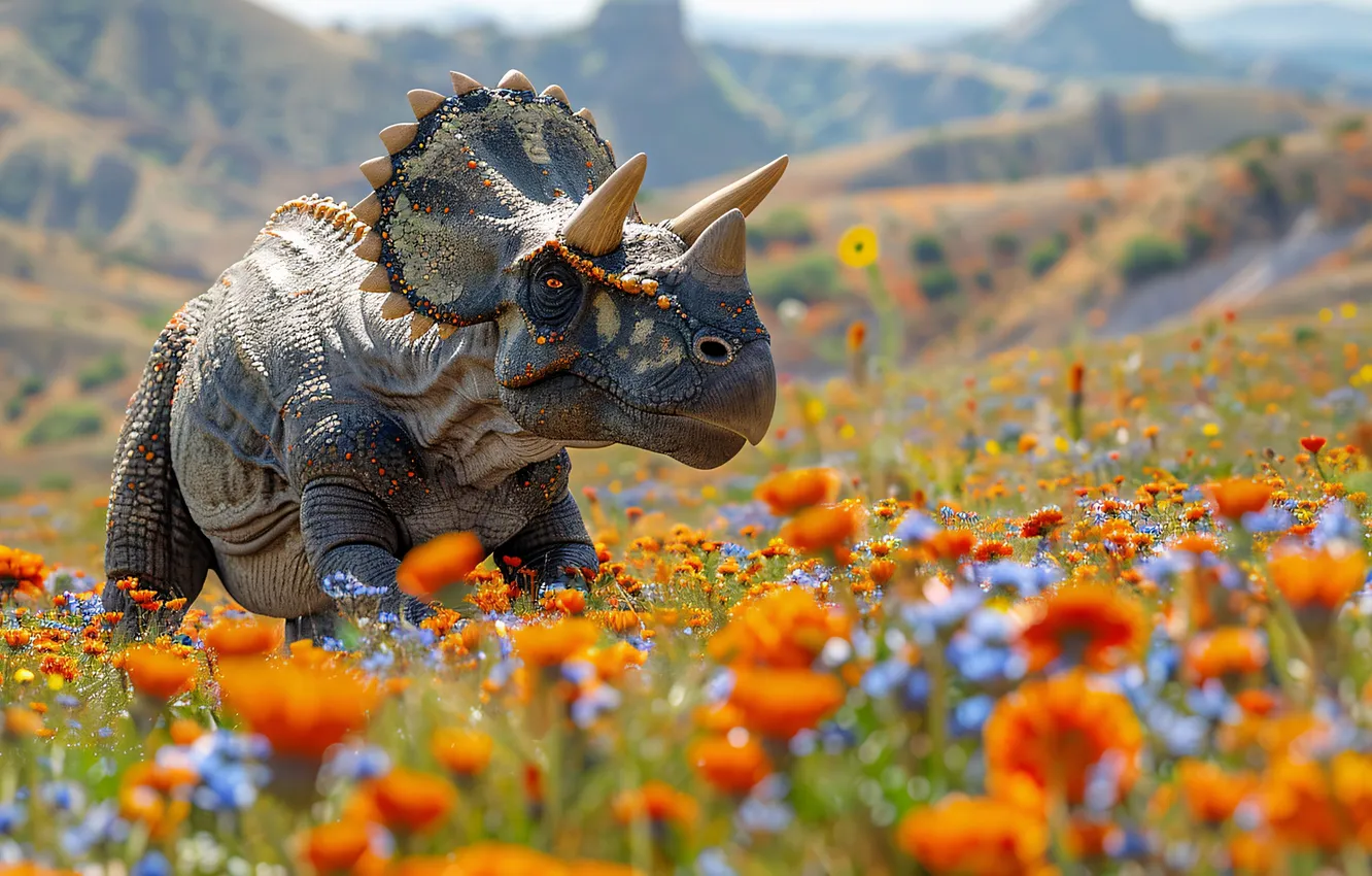 Фото обои Цветы, Динозавр, Рога, Triceratops, Животное, Цифровое искусство, Трицератопс, Древние животные