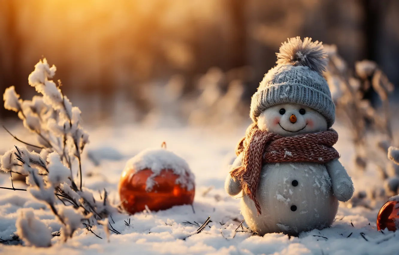 Фото обои зима, снег, Рождество, Новый год, снеговик, Christmas, winter, snow