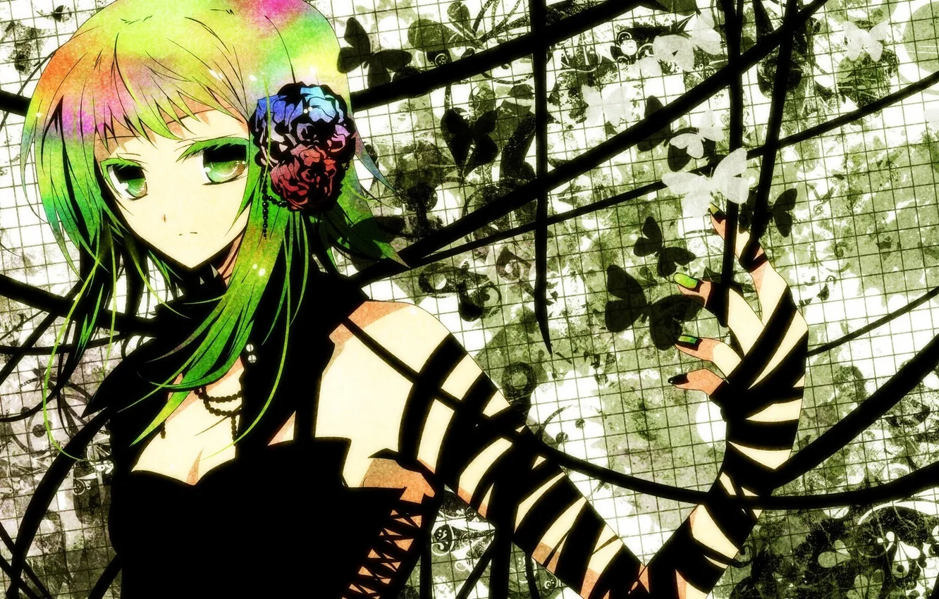Фото обои цветок, девушка, бабочки, vocaloid, вокалоид, Gumi Megpoid