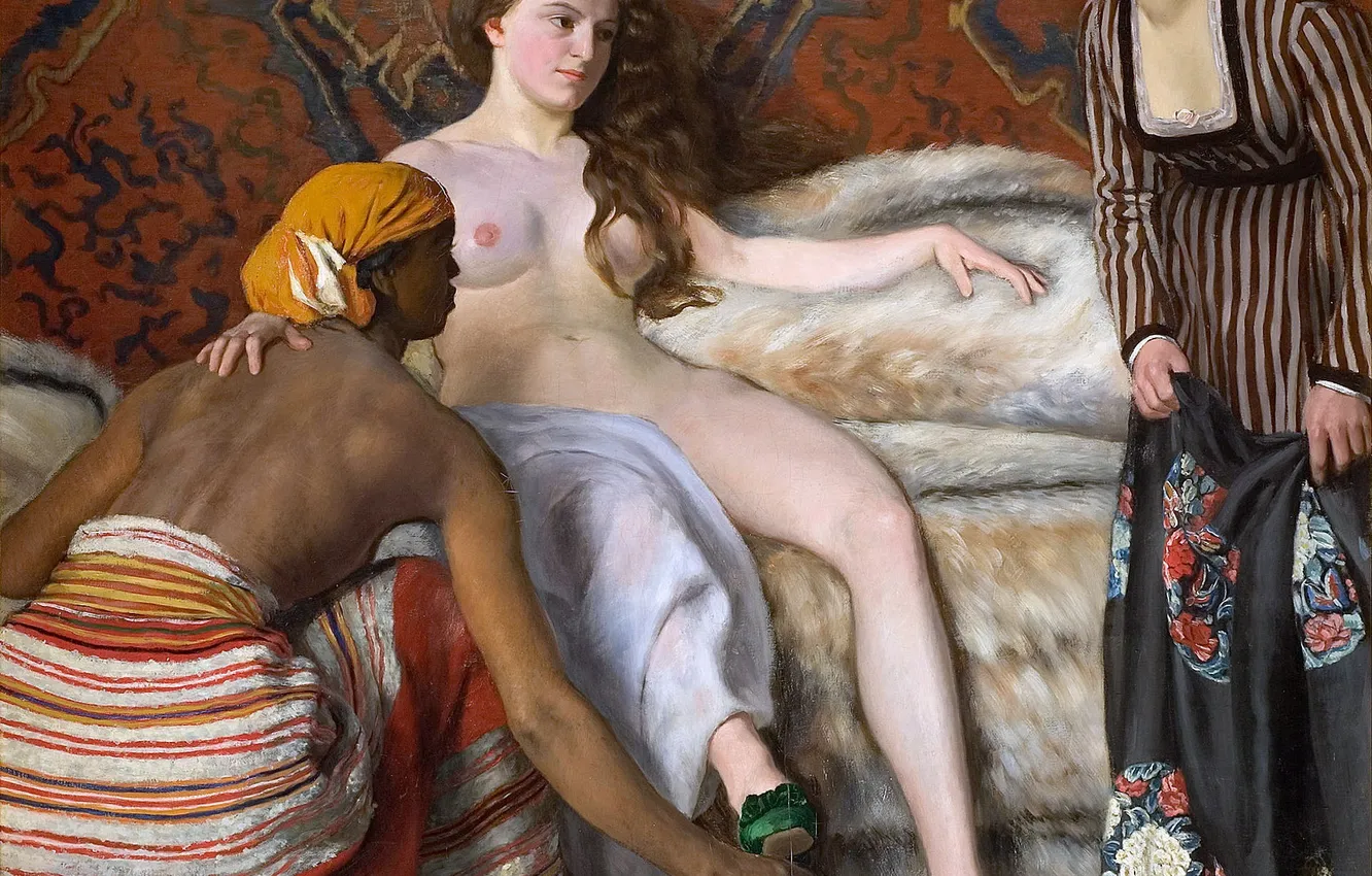 Фото обои девушка, картина, туалет, трое, обнажена, французский художник, Фредерик Базиль, Frederic Bazille