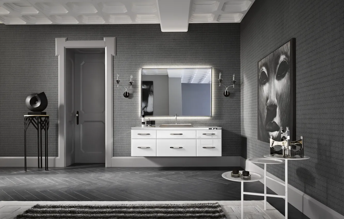 Фото обои белый, дизайн, серый, черный, интерьер, ванная комната, ар-деко