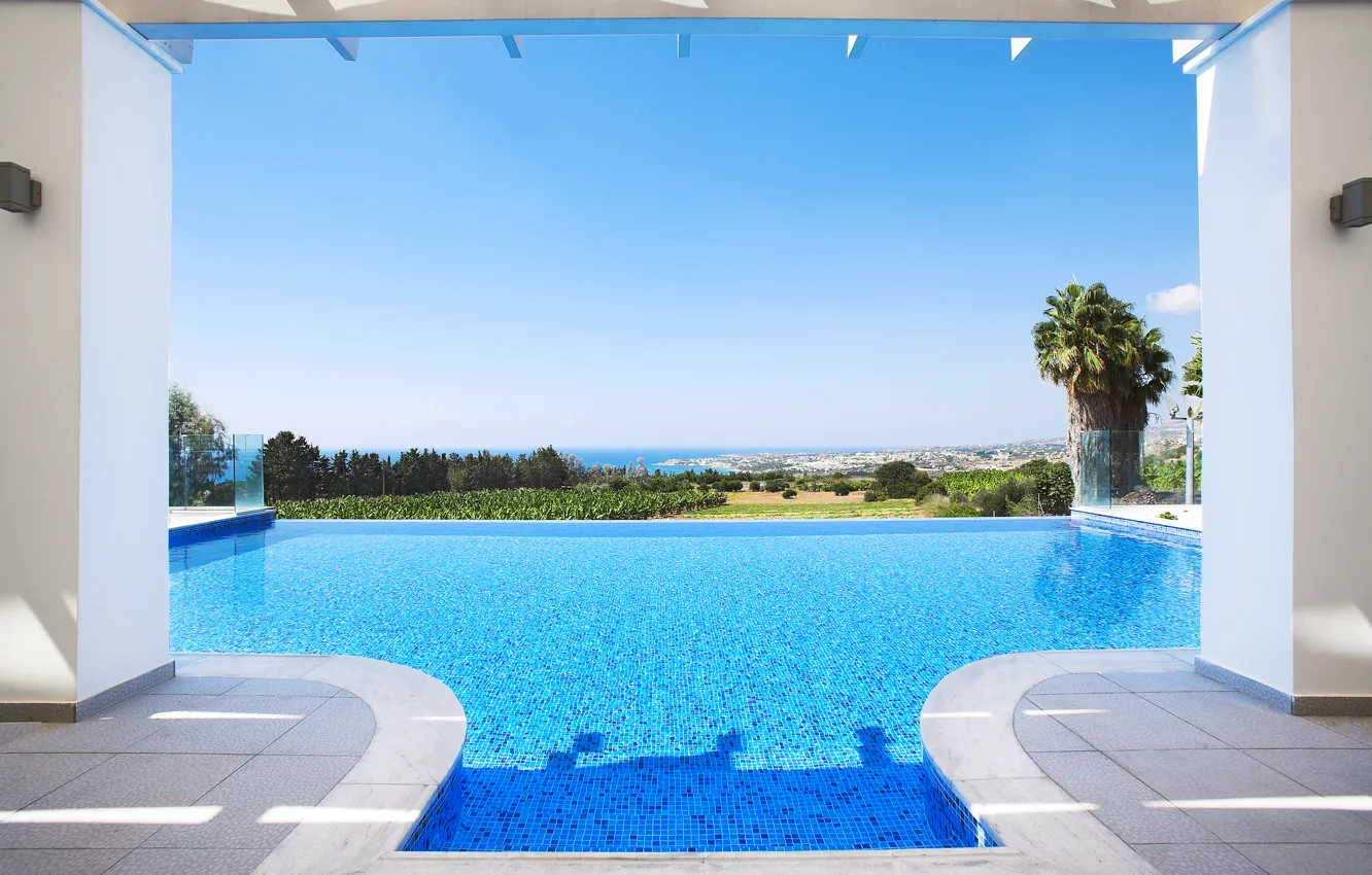 Фото обои вилла, бассейн, Греция, Cyprus, вид на море и побережье