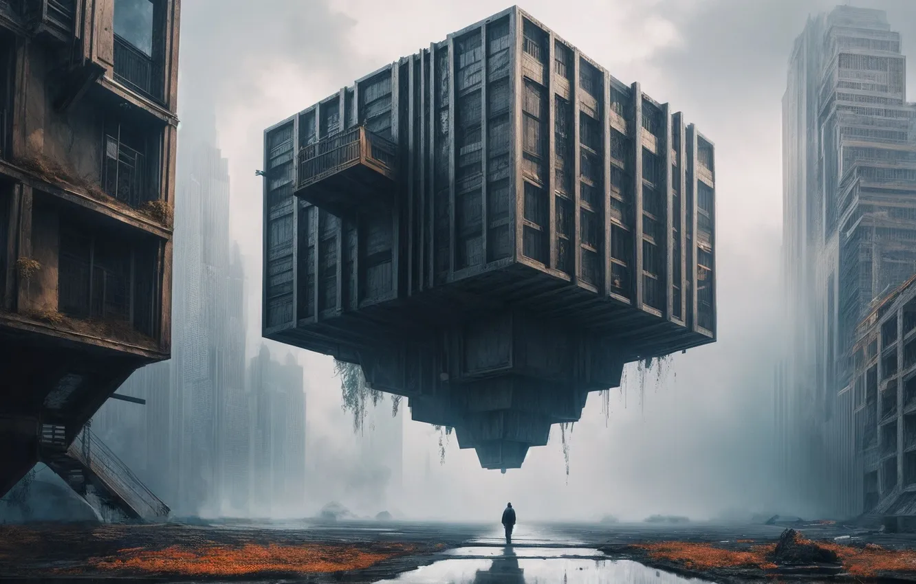 Фото обои человек, куб, парящее здание