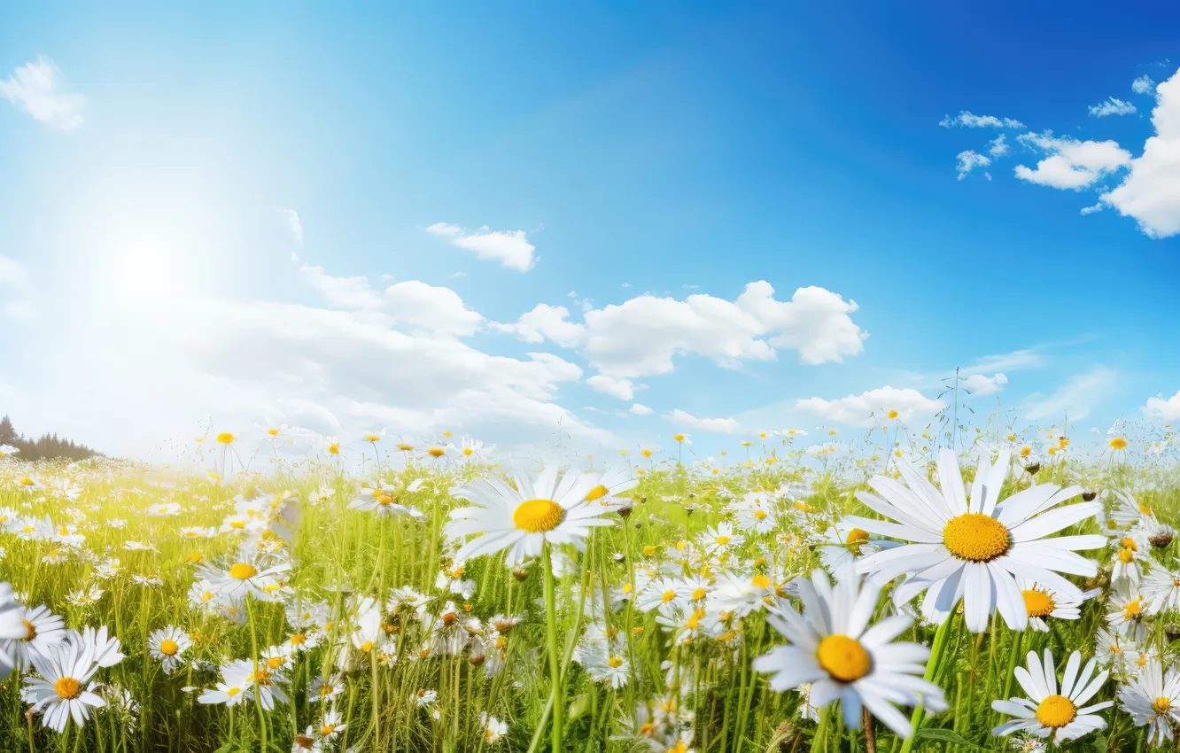 Фото обои поле, солнце, цветы, ромашки, весна, луг, sunshine, spring
