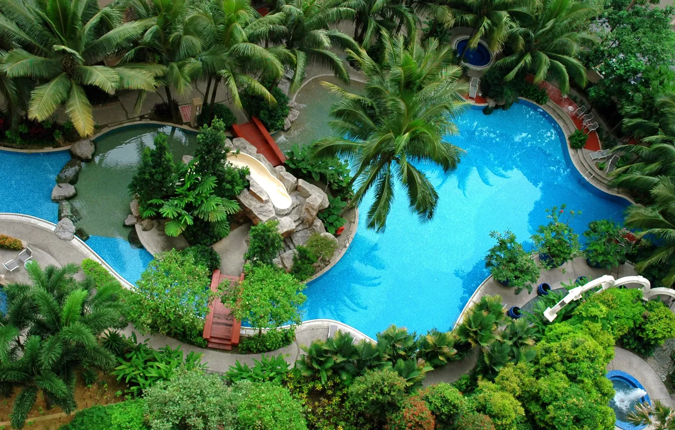 Фото обои камни, пальмы, бассейн, горка, джакузи, pool, кресла., pools