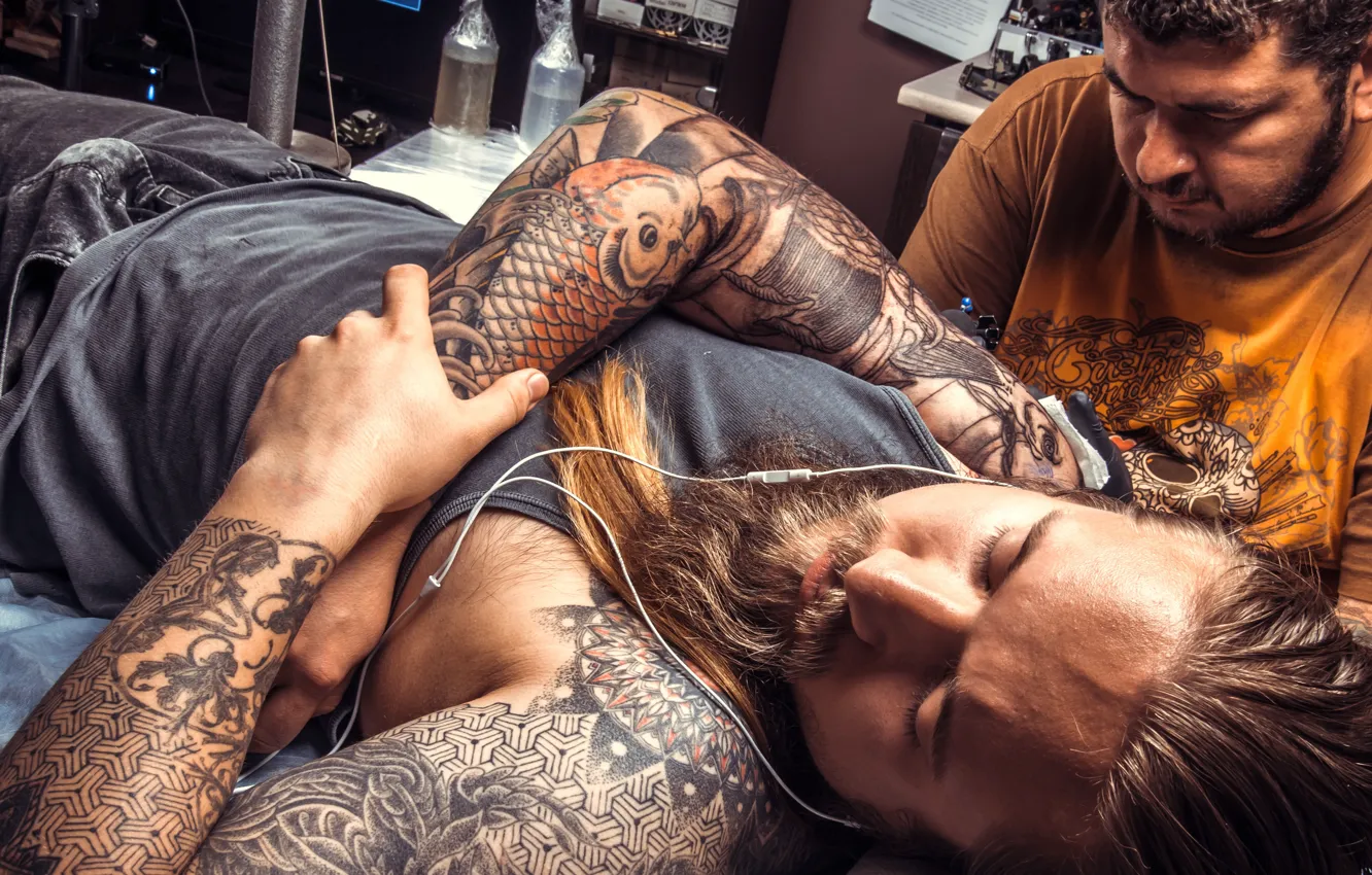 Фото обои man, tattoo, artist, beard, session