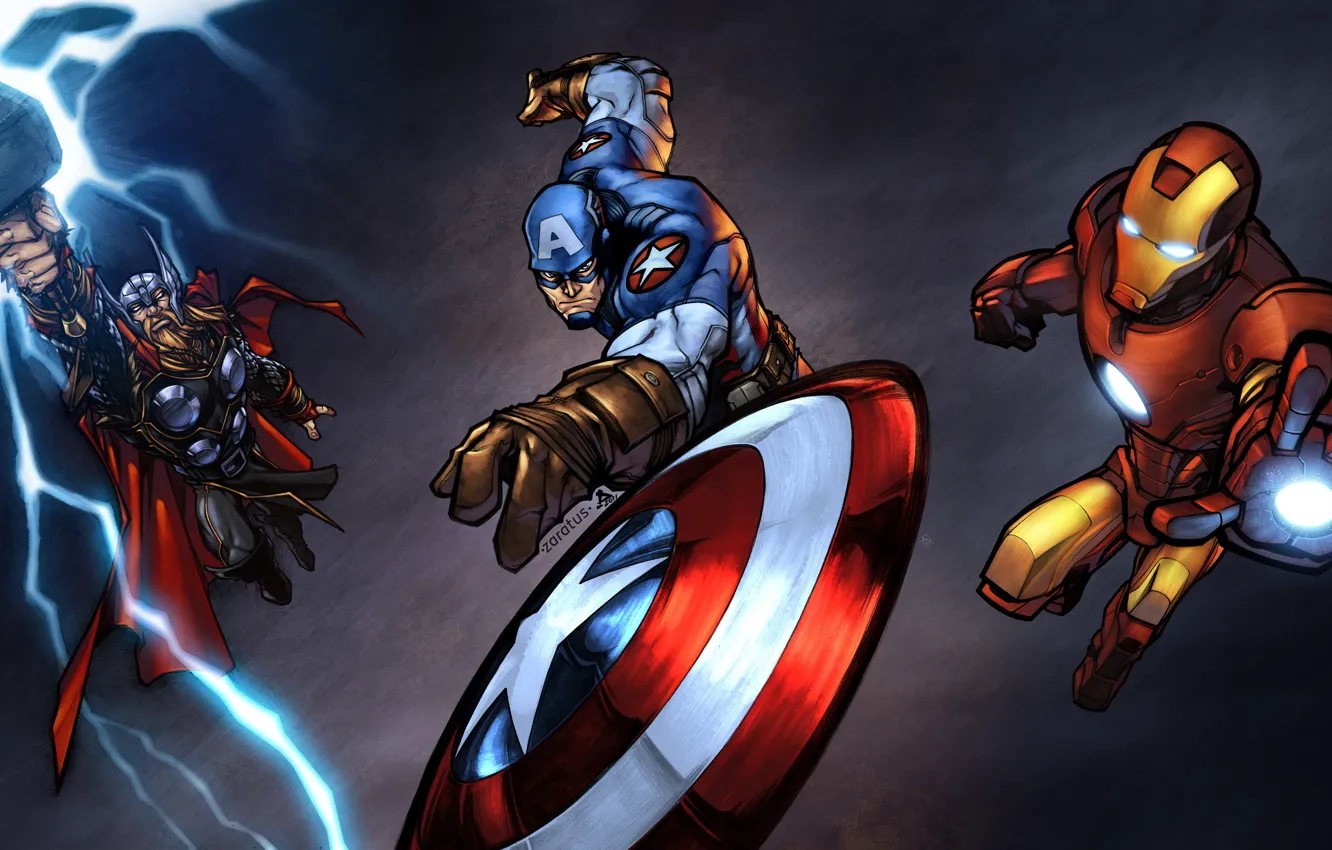 Фото обои фантастика, арт, персонажи, Iron Man, комикс, костюмы, Captain America, супергерои