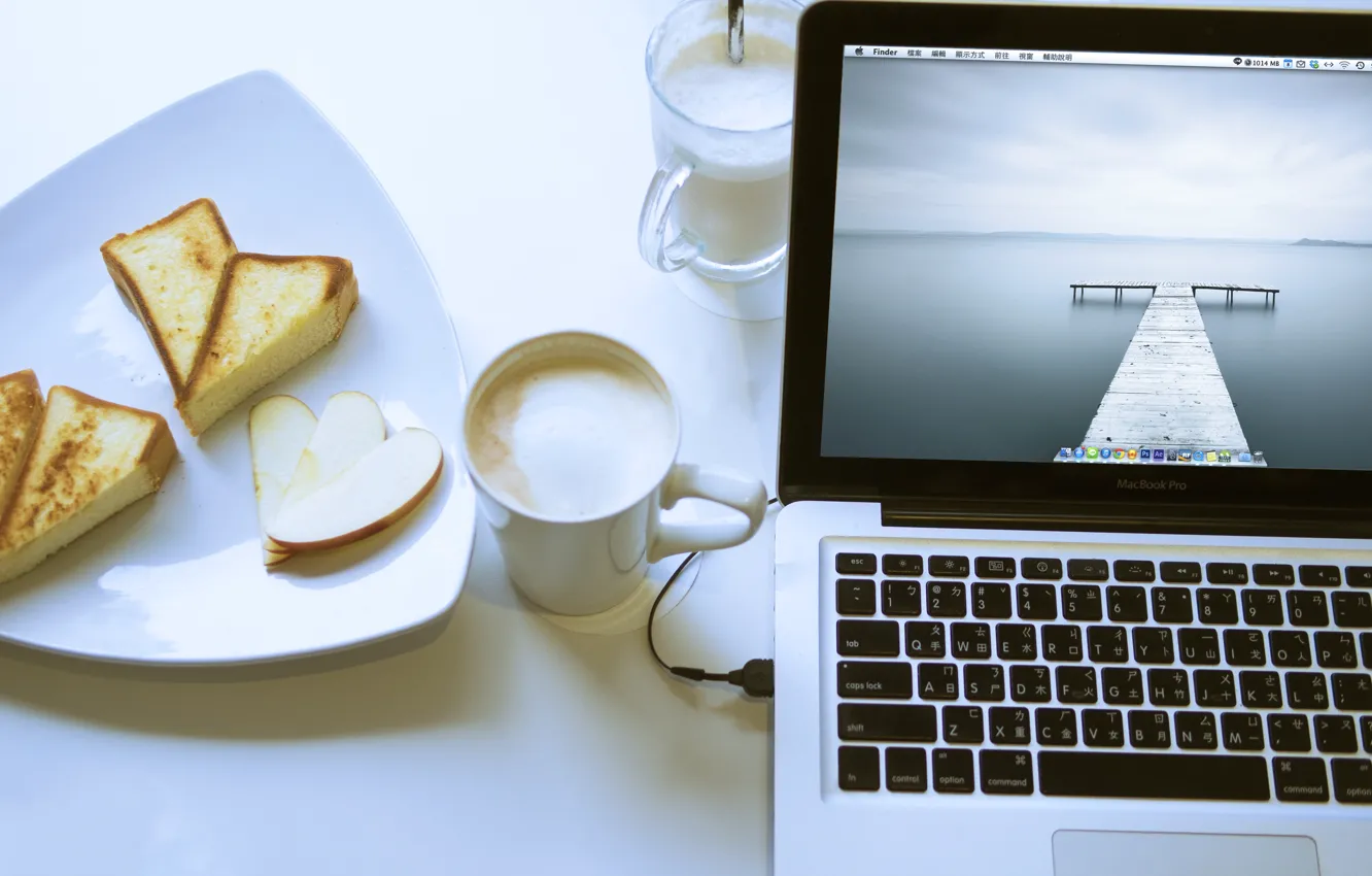 Фото обои Apple, еда, ноутбук, MacBook, капучино, выпечка, Pro