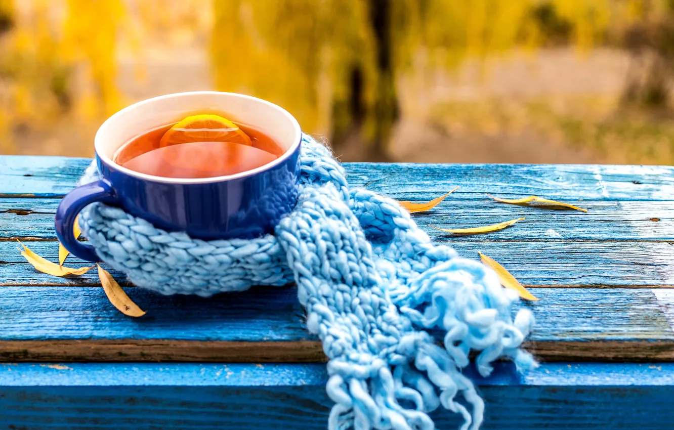 Фото обои осень, чашка, autumn, leaves, cup, tea, scarf, fall