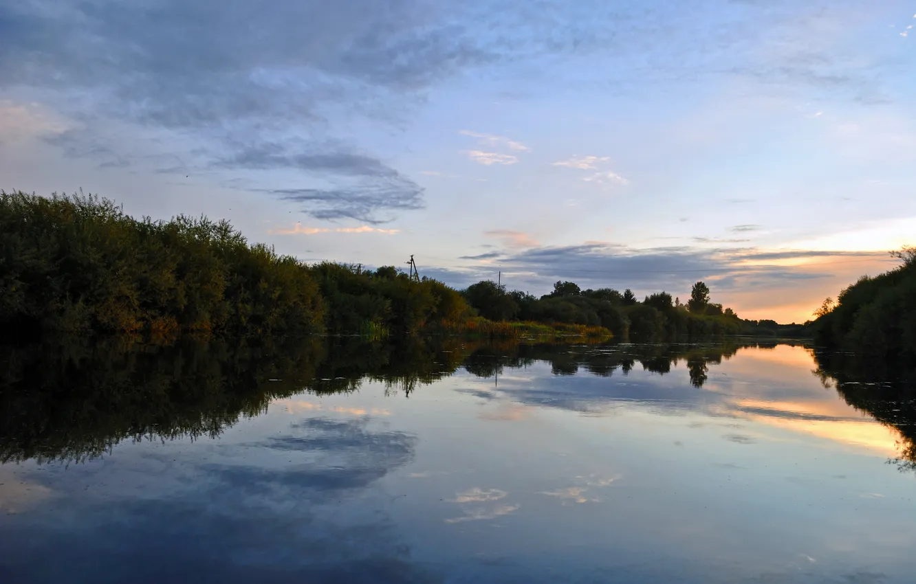 Фото обои зелень, деревья, отражение, река, вечер, river, тишь да гладь, nature wallpaper