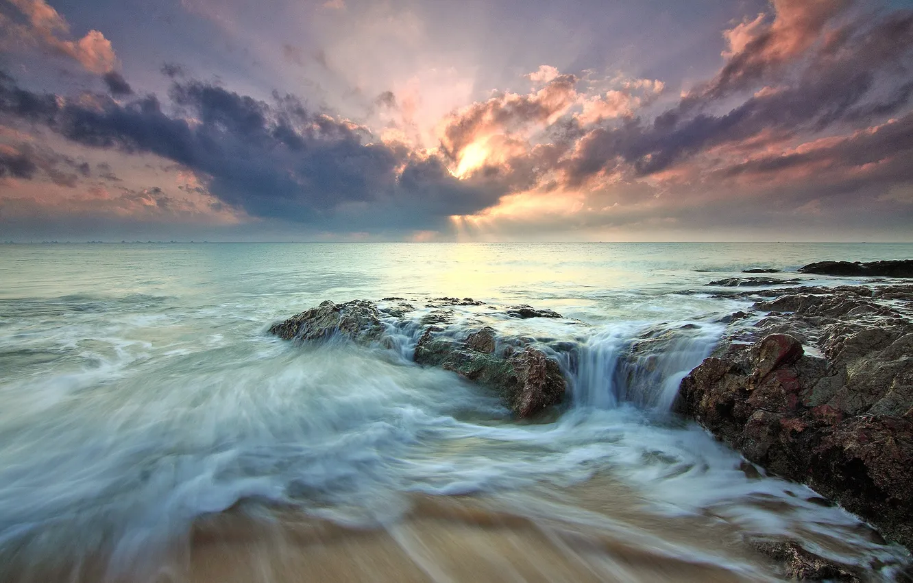 Фото обои Море, Пляж, Пейзаж, Landscape, Beach, Dawn, Sea, Sunlight
