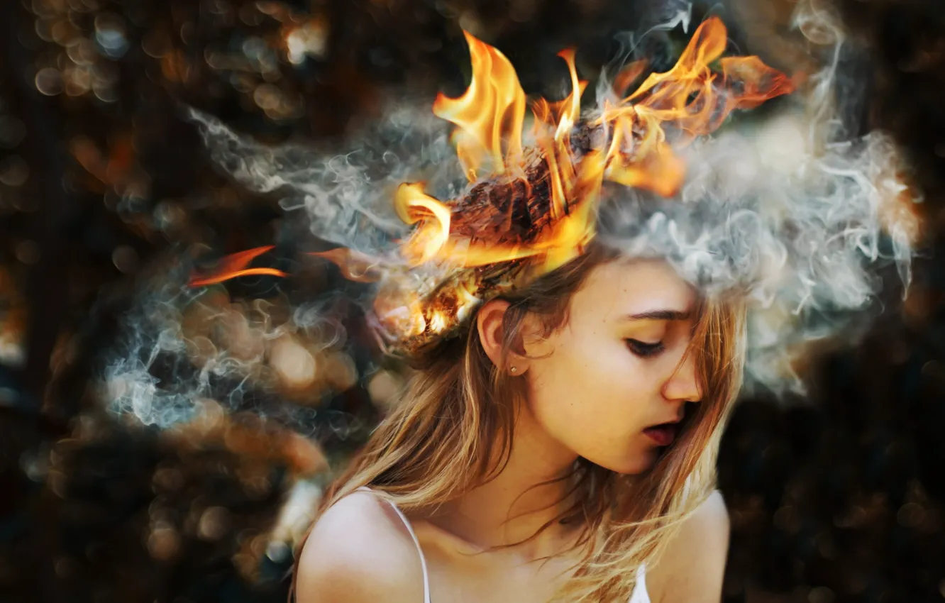 Фото обои девушка, абстракция, огонь