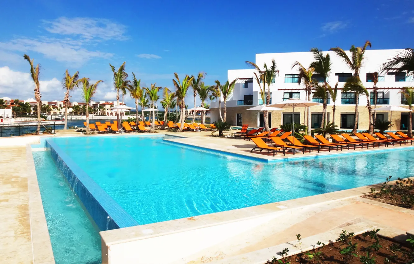 Фото обои пальмы, океан, бассейн, отель, Доминика
