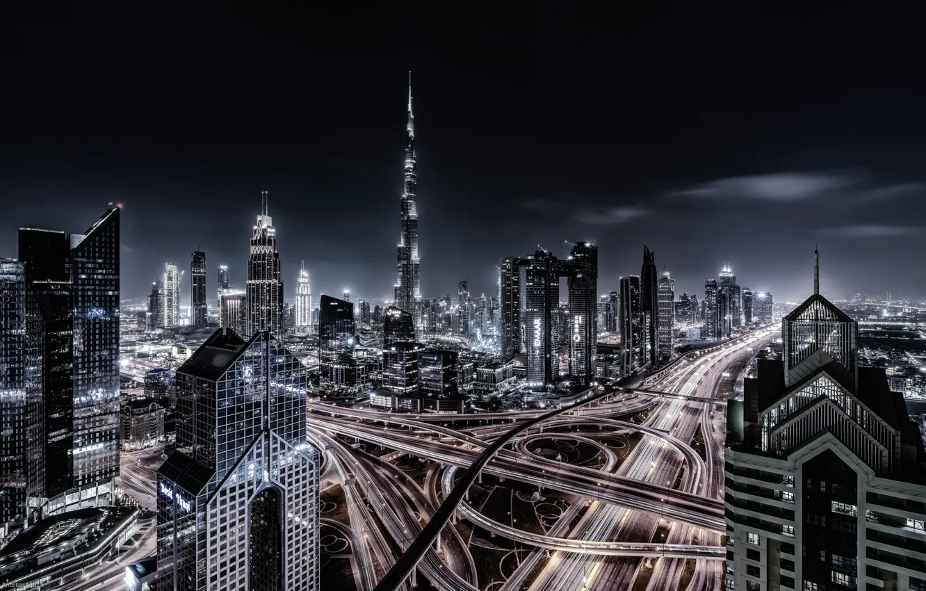 Фото обои свет, ночь, огни, здания, Дубаи, ОАЭ