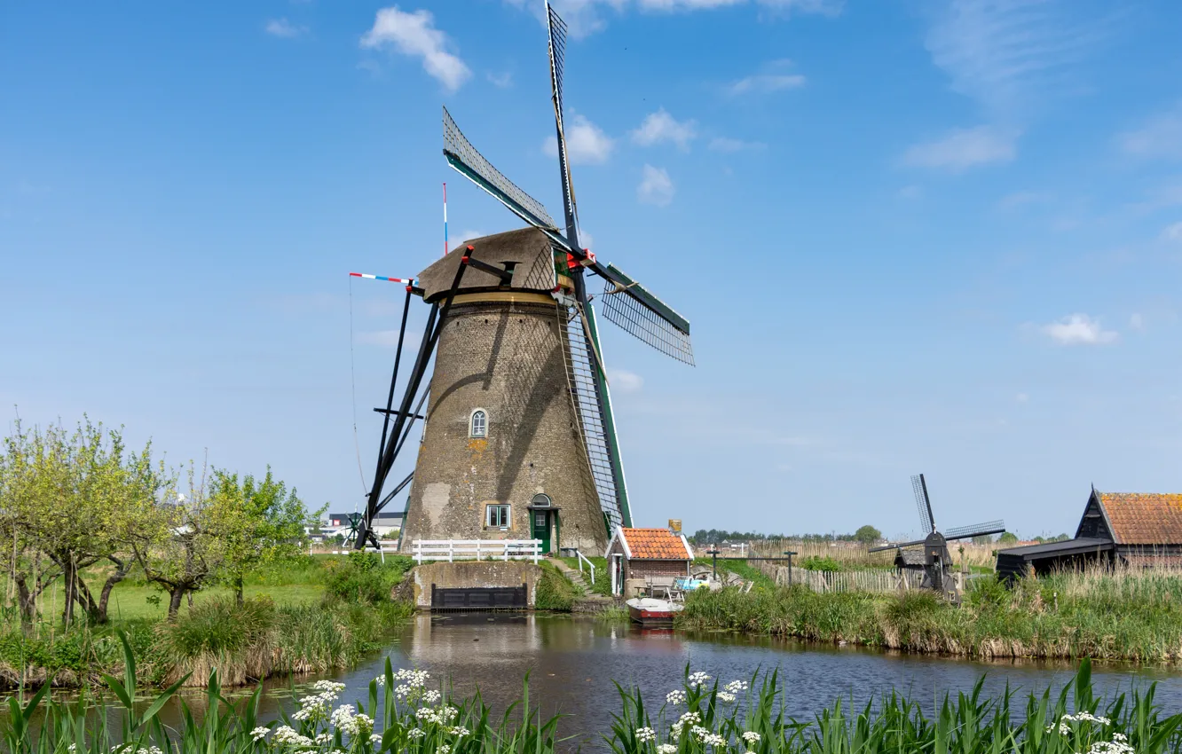 Фото обои ветряк, мельница, канал, Нидерланды, Голландия