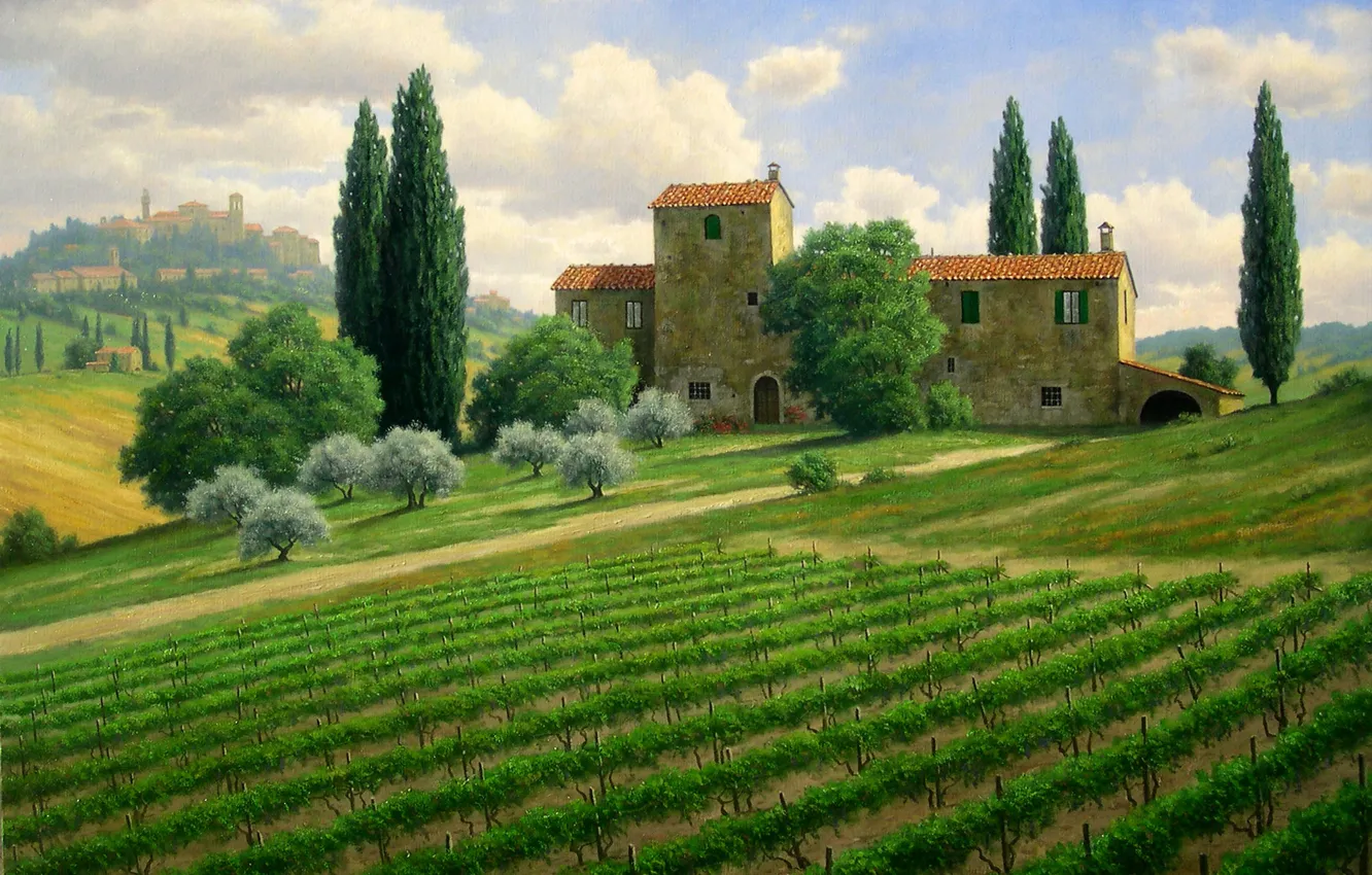 Фото обои деревья, пейзаж, дом, холмы, поля, картина, Италия, виноградники