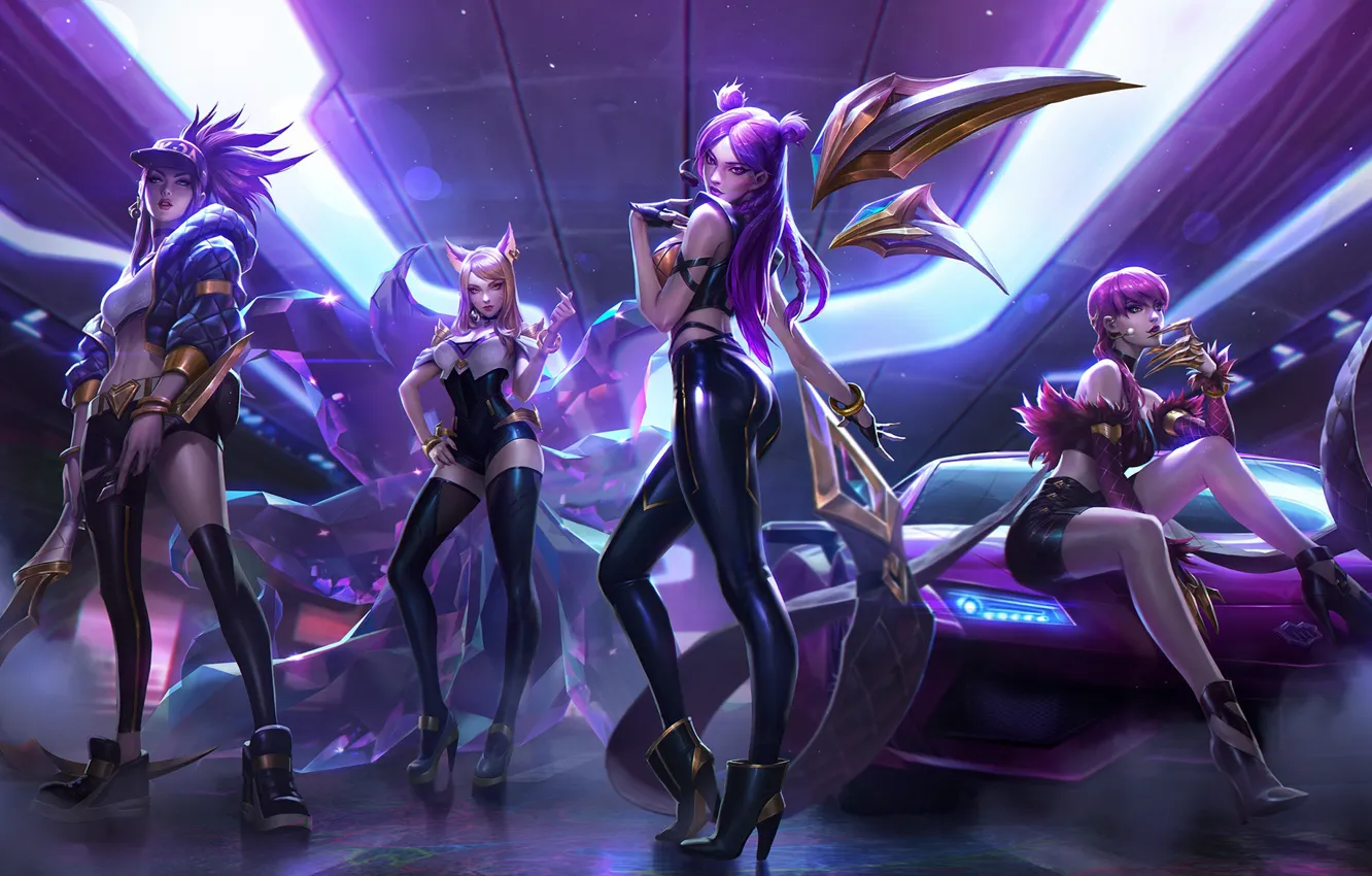 Фото обои авто, девушка, арт, кепка, Akali, League of Legends, LoL, Ahri