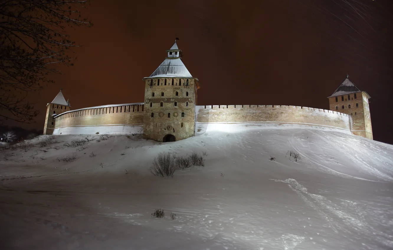 Фото обои зима, снег, ночь, город, обои, башня, кремль, wallpaper