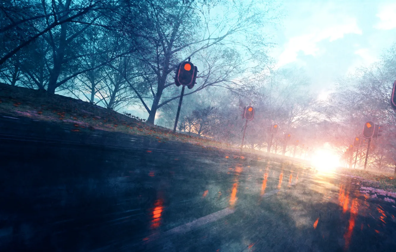 Фото обои дорога, деревья, улица, после дождя, свет фар, светофоры