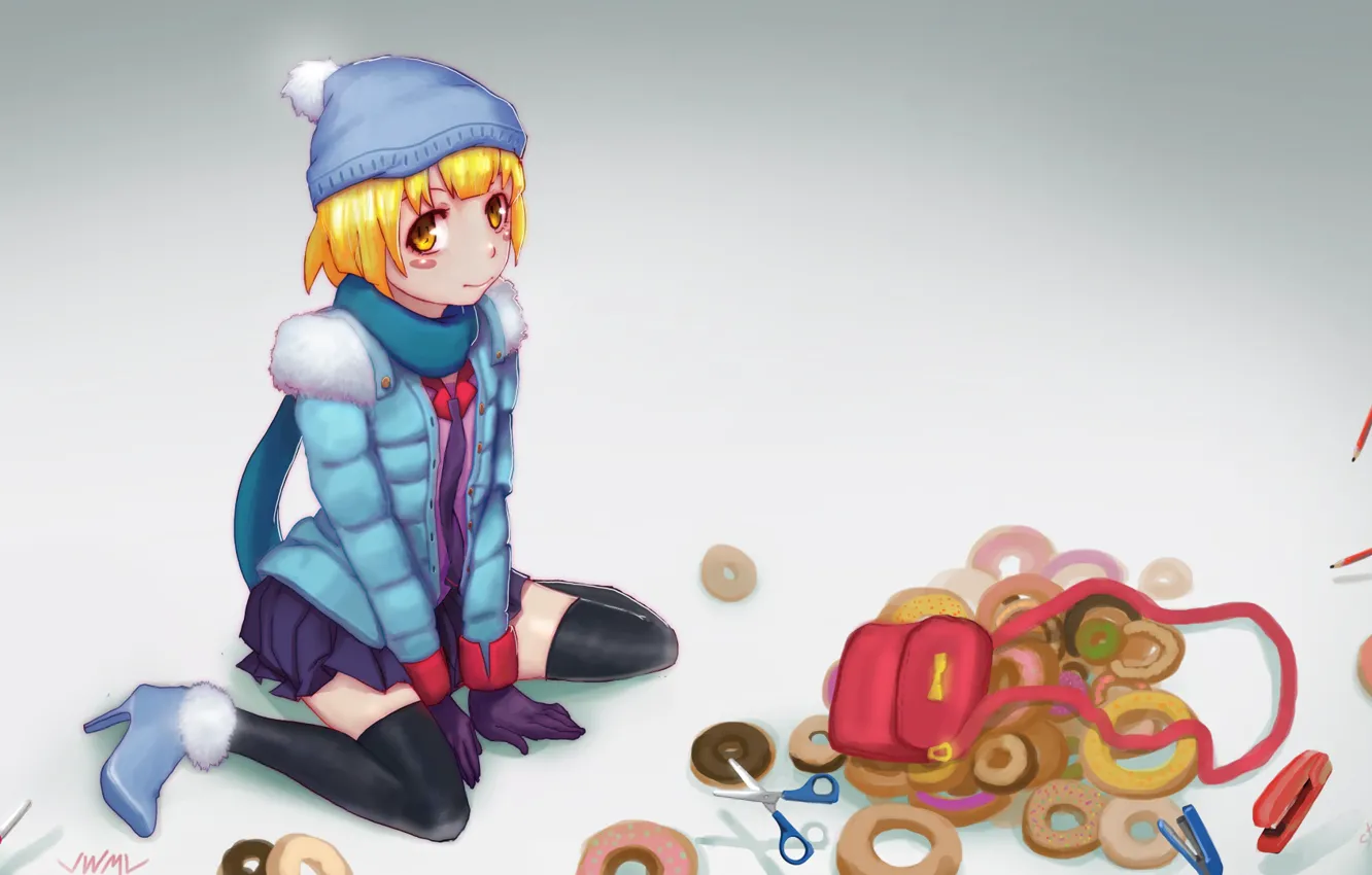 Фото обои шапка, карандаши, девочка, пончики, ножницы, Bakemonogatari, степлеры