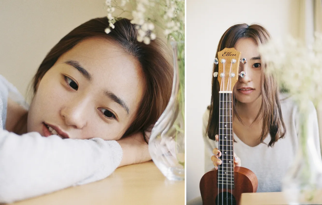 Фото обои Beautiful, Asian, Model, Smile, Guitar, Table, Woman, Cute