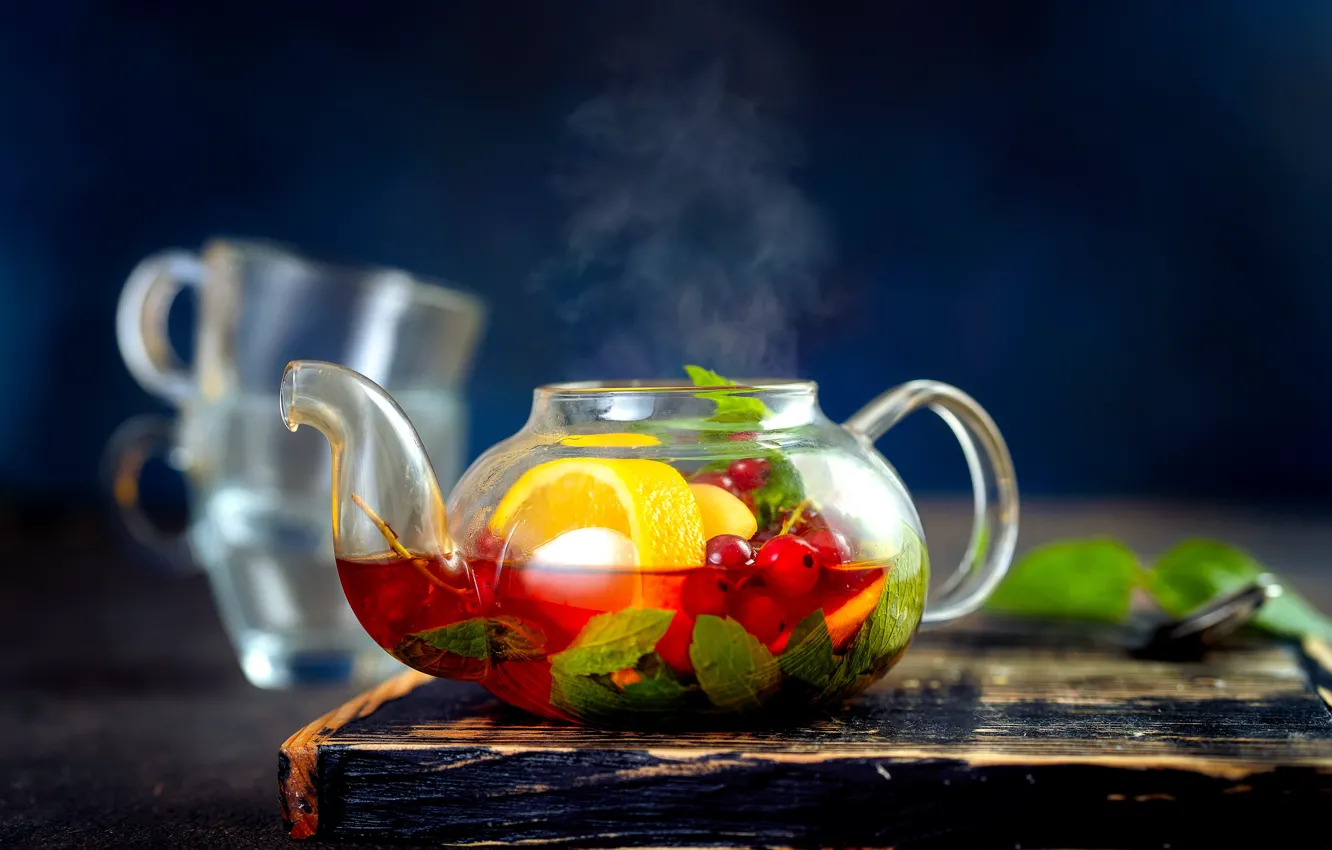 Фото обои лимон, чай, чайник, фрукты, мята