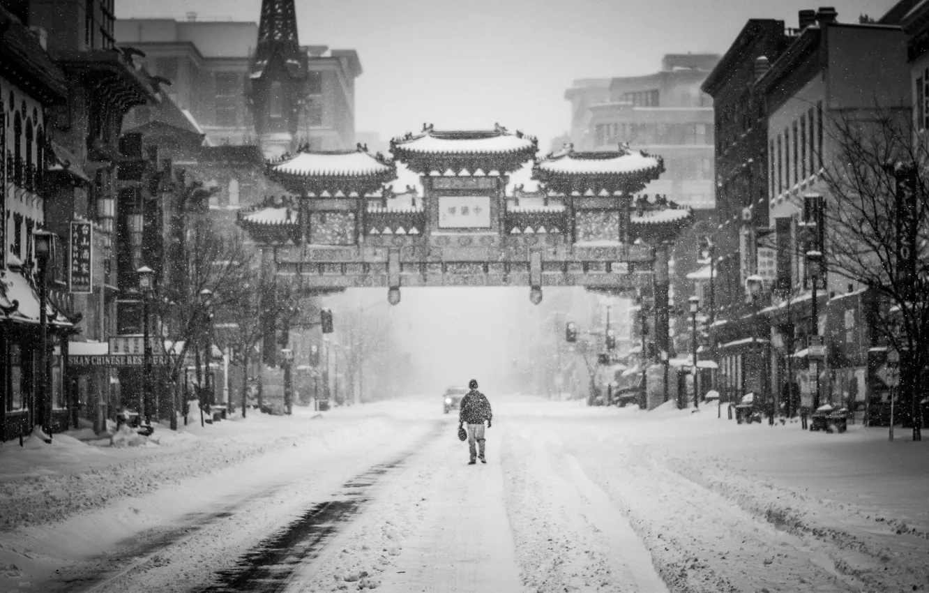 Фото обои USA, United States, blizzard, snow, street, man, Washington, black and white