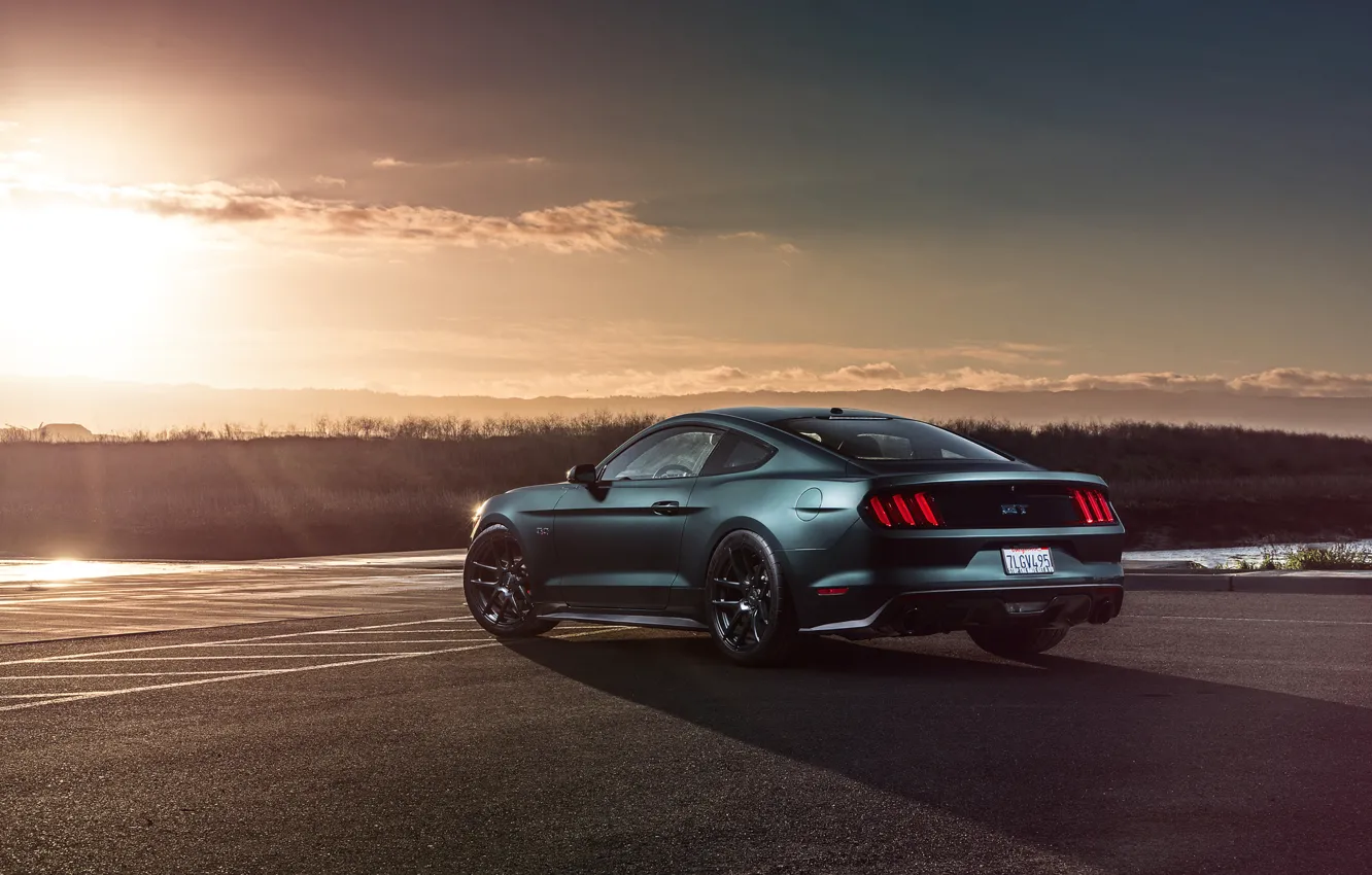 Фото обои Mustang, Ford, Muscle, Car, Sunset, Wheels, Rear, 2015