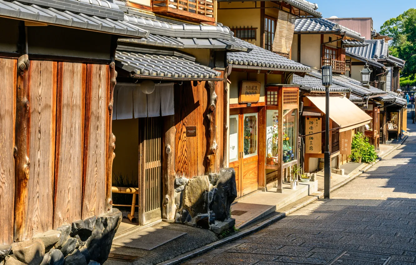 Фото обои Дома, Город, Япония, Улица, Киото, Магазины