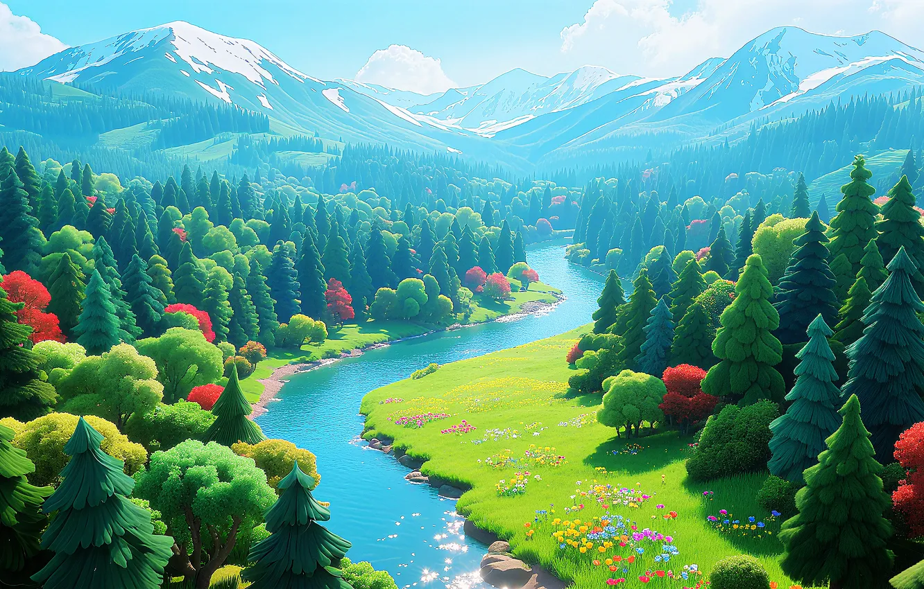 Фото обои forest, river, landscape, art, mountains