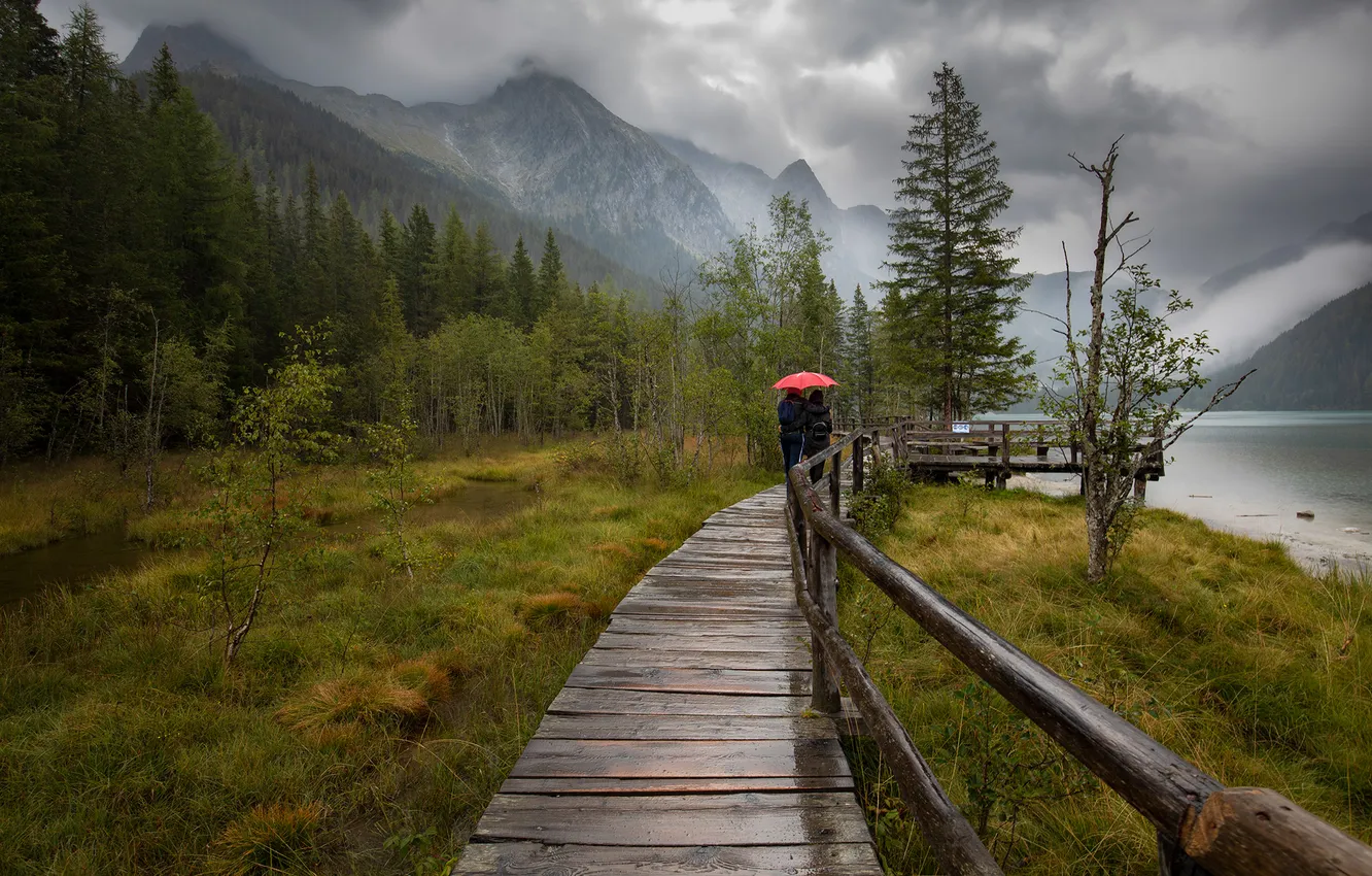 Фото обои горы, мост, туман, пара, водоем