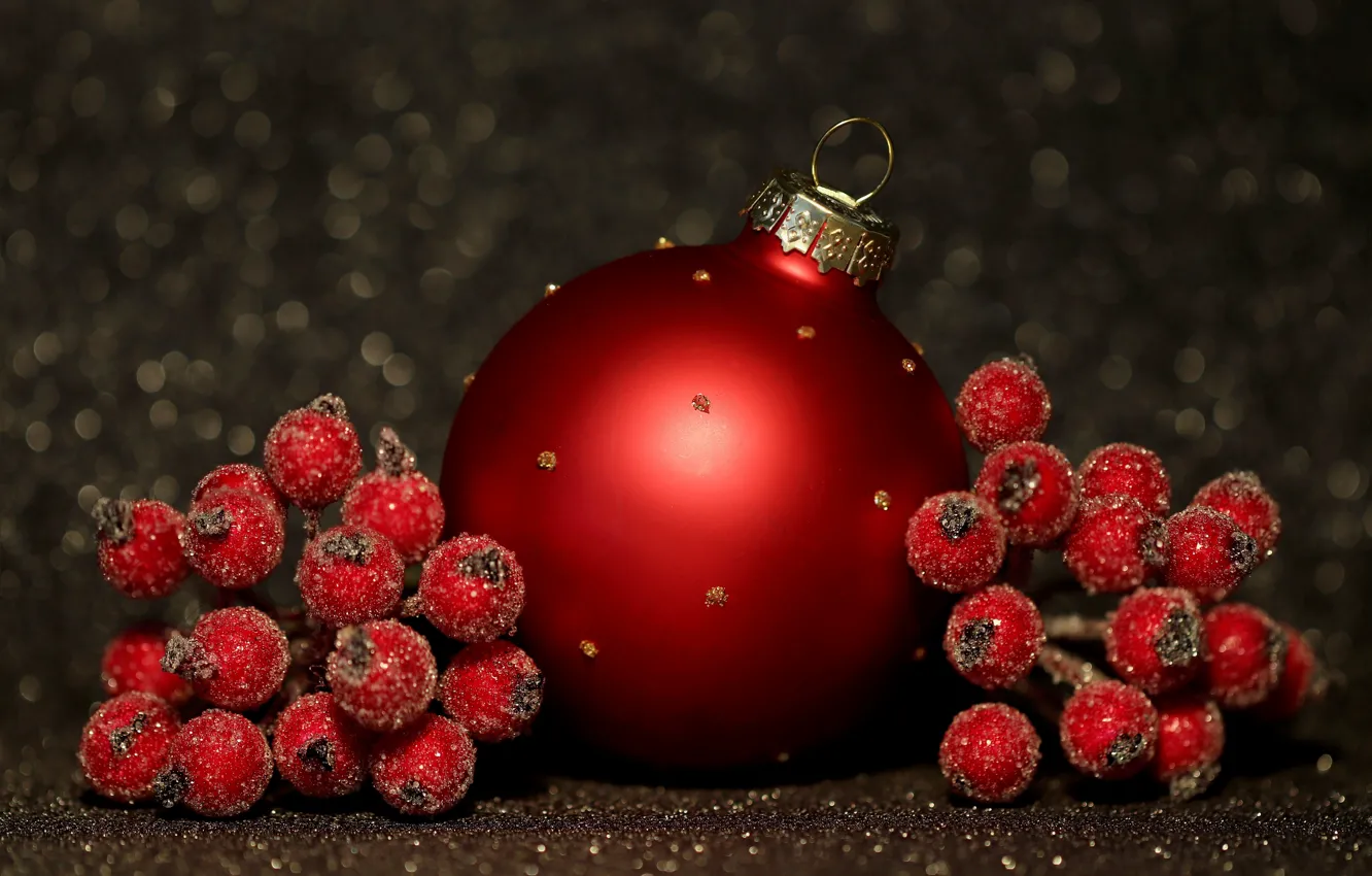 Фото обои зима, красный, ягоды, темный фон, праздник, шар, шарик, плоды