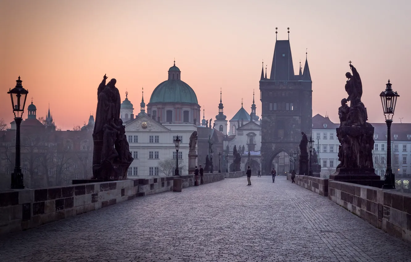 Фото обои башня, Прага, Чехия, купол, Карлов мост
