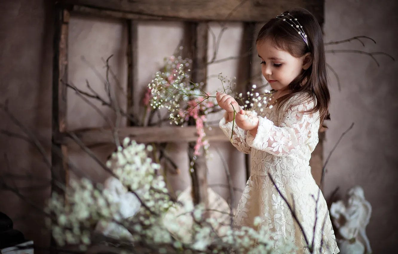 Фото обои цветы, ребенок, девочка, улыбки