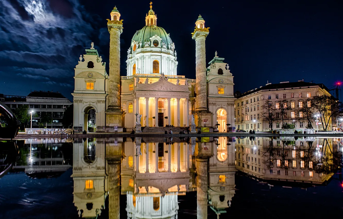 Фото обои вода, город, отражение, здания, вечер, бассейн, Австрия, освещение